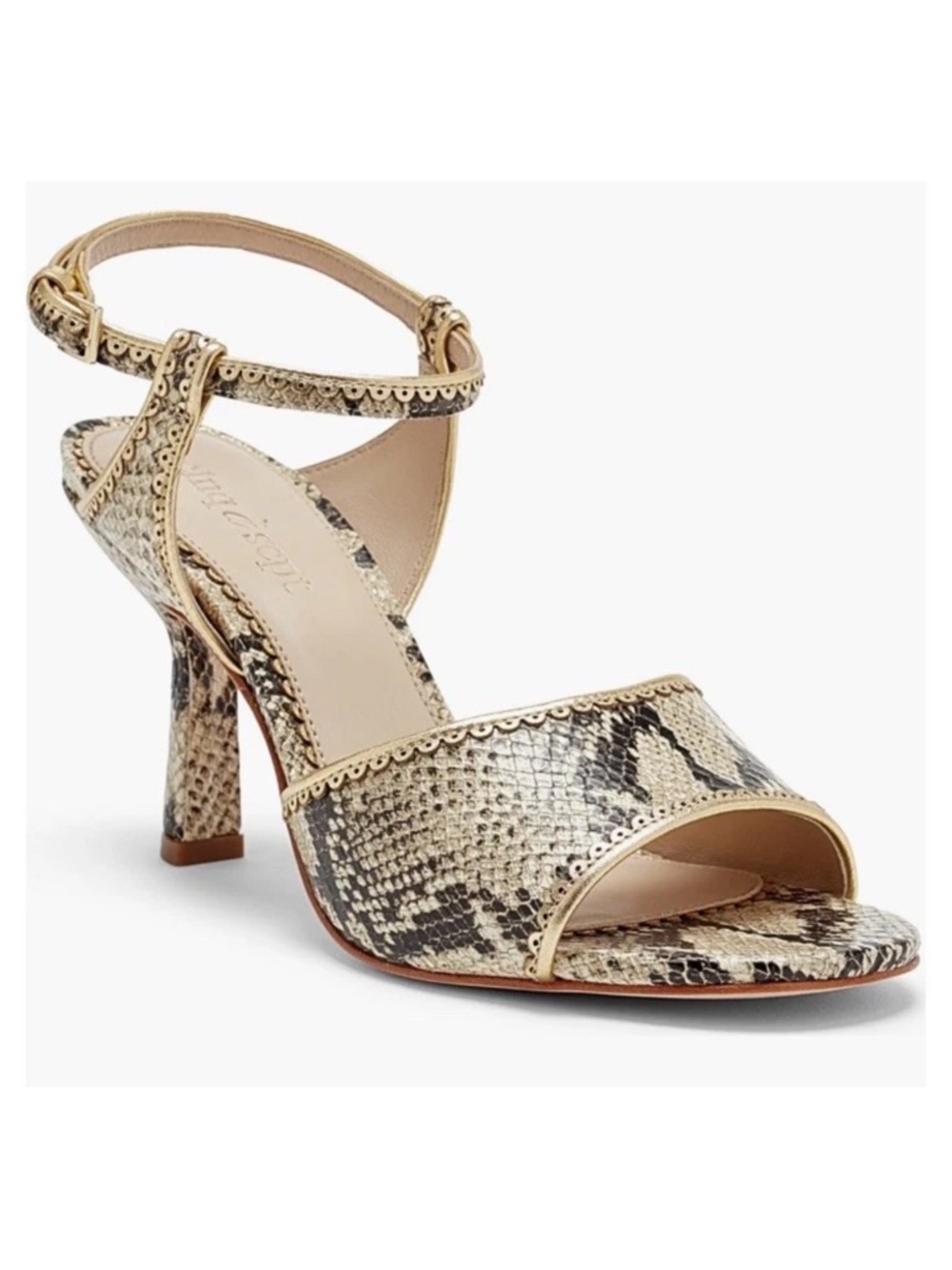 Cinq à Sept Rebecca Ankle Strap Sandal Gold Leather Snakeskin Comfort Heel 5